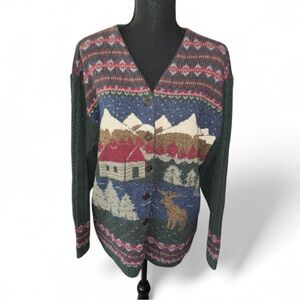 Vintage Northern Treasures Storybook Winter Cabin Cardigan Sweater Size L